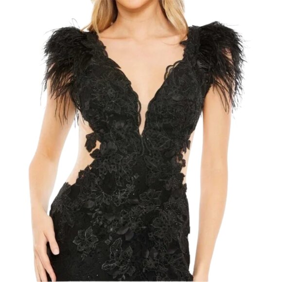 $698 Mac Duggal 67782 Size 4 Black Feather Cap Sleeve Lace Gown Long Maxi Dress - Picture 3 of 6